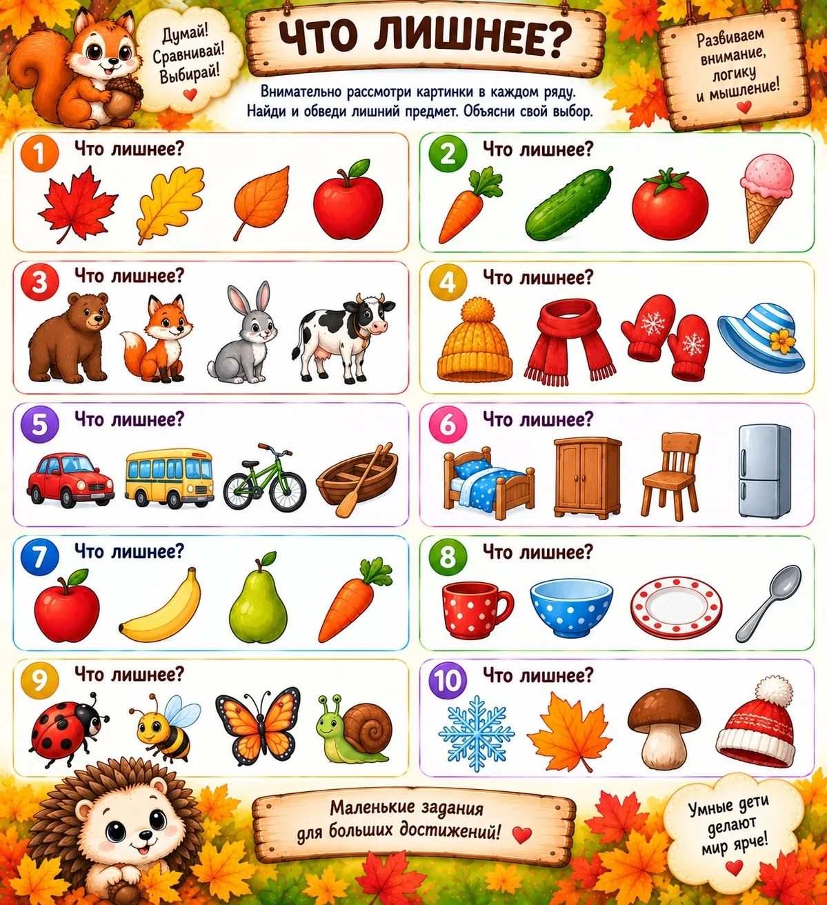🍂 Осенние логические задания для детей 3–6 лет