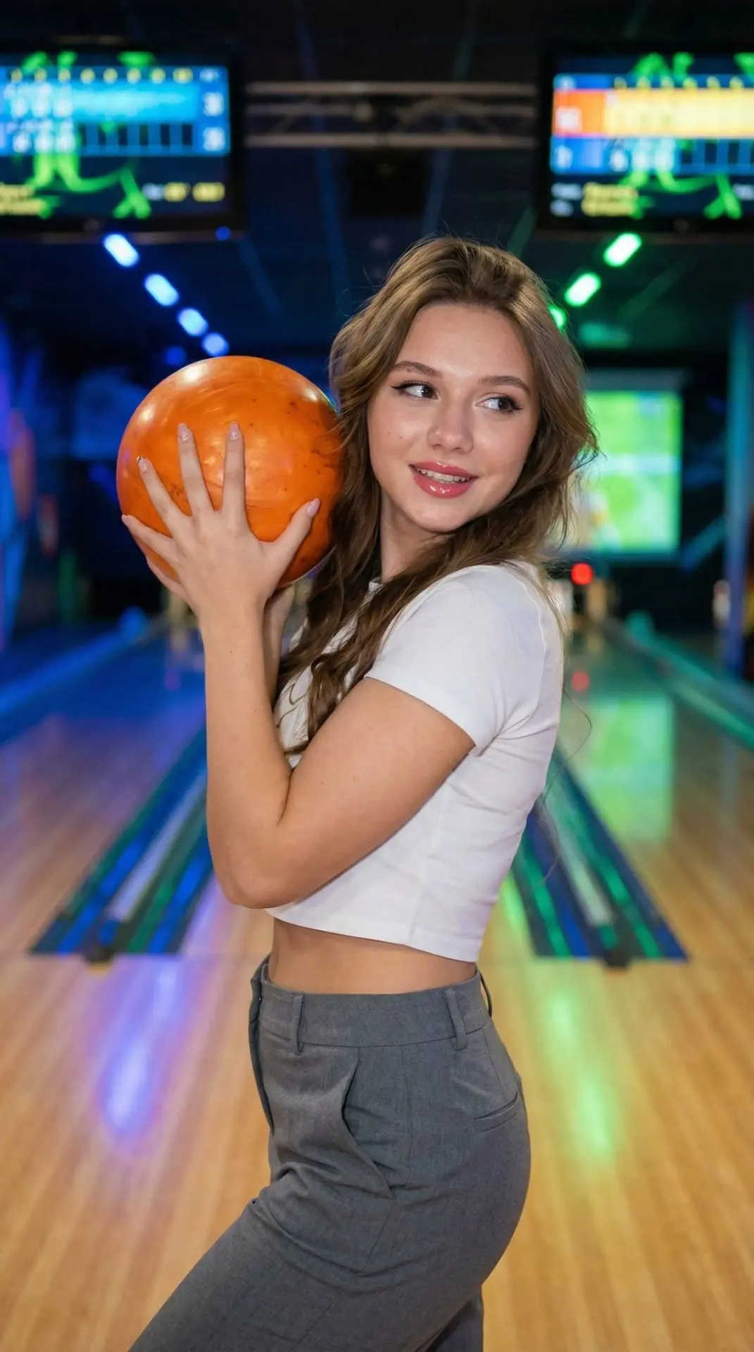 A woman stands in a bowling alley, her body turned three-quarters, her hips shifted to the side, one