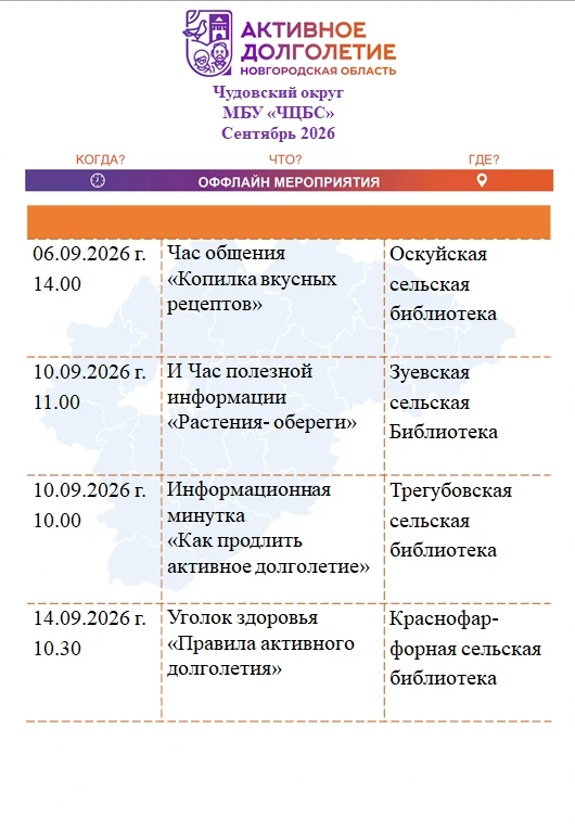 АФИША МБУ "ЧЦБС" НА СЕНТЯБРЬ 2026 Г. "АКТИВНОЕ ДОЛГОЛЕТИЕ"