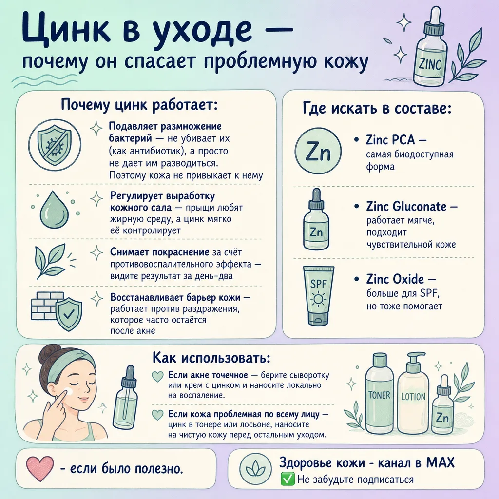 🌊 Цинк в уходе — почему он спасает проблемную кожу