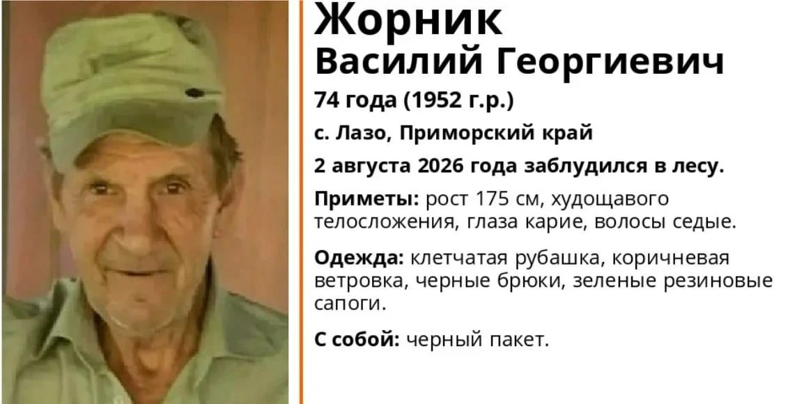 ВНИМАНИЕ! ПРОПАЛ МУЖЧИНА! 

Василий Георгиевич Жорник, 74 года (1952 г.р.) 
с. Лазо Лазовский МО

Со