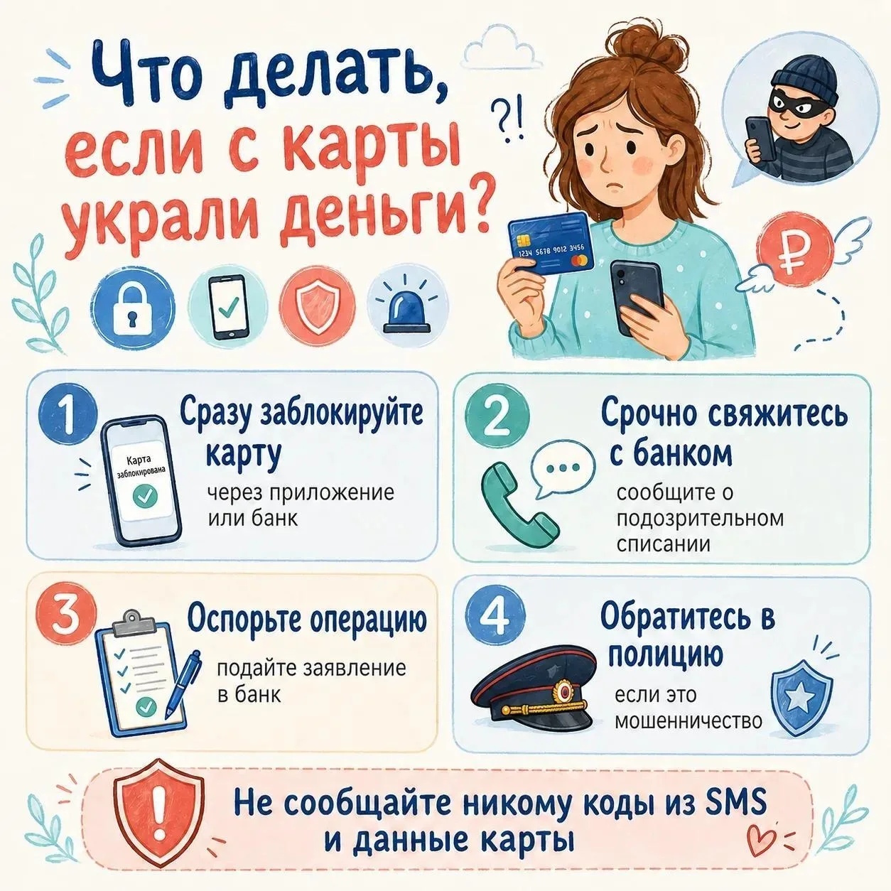 Что делать, если с карты без вашего ведома списали деньги?

Первое — не паниковать, а сразу заблокир