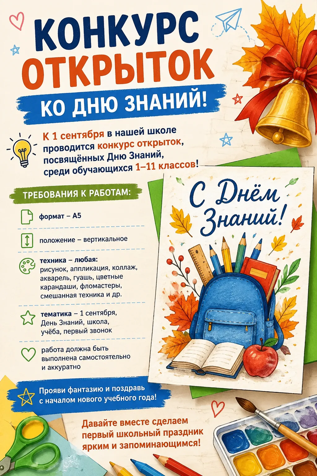 📚 КОНКУРС ОТКРЫТОК КО ДНЮ ЗНАНИЙ! 🎨Совсем скоро прозвенит первый звонок, а значит, са...