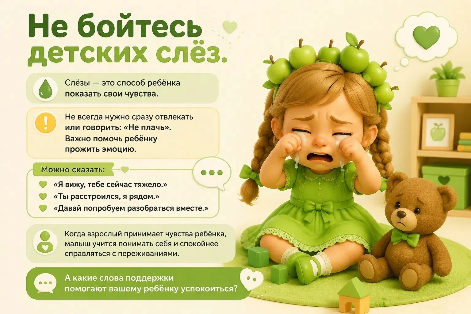 😢 Не бойтесь детских слёз

Слёзы — это способ ребёнка показать свои чувства.

Не всегда нужно сразу