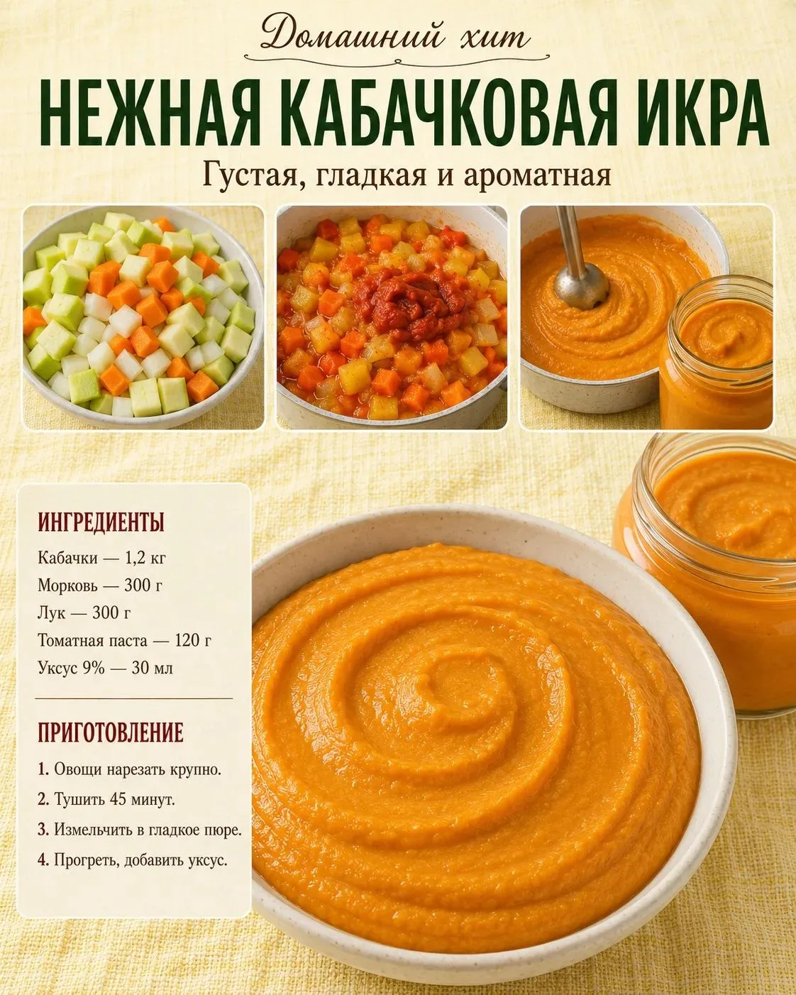 Кабачковая икра 🥕 Нежная, густая и по-домашнему ароматная.

Ингредиенты: 🛒
кабачки — 1,2 кг; 
морк