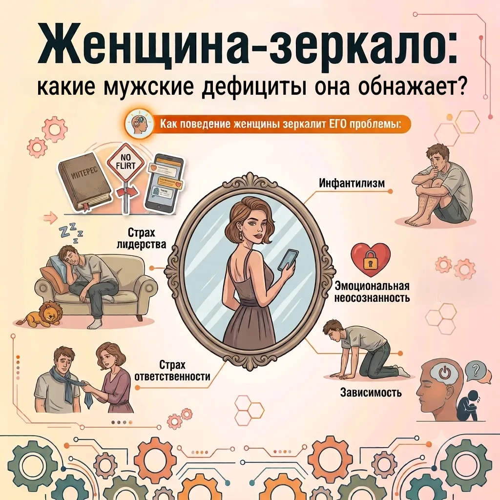 Женщина-зеркало: какие мужские дефициты она обнажает?
🪞​ Мужчины привыкли думать логически: если же
