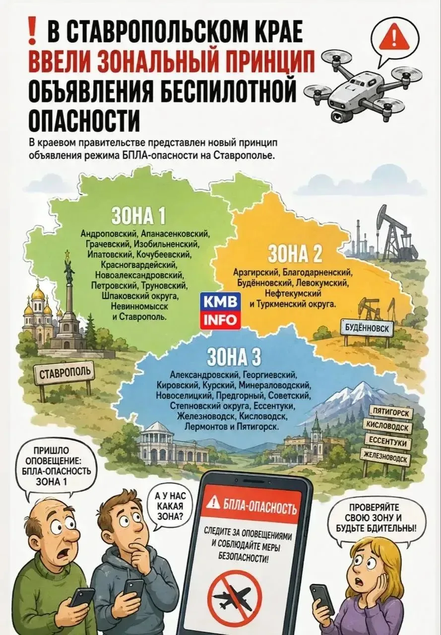 ❗️В Ставропольском крае ввели зональный режим БПЛА-опасности.