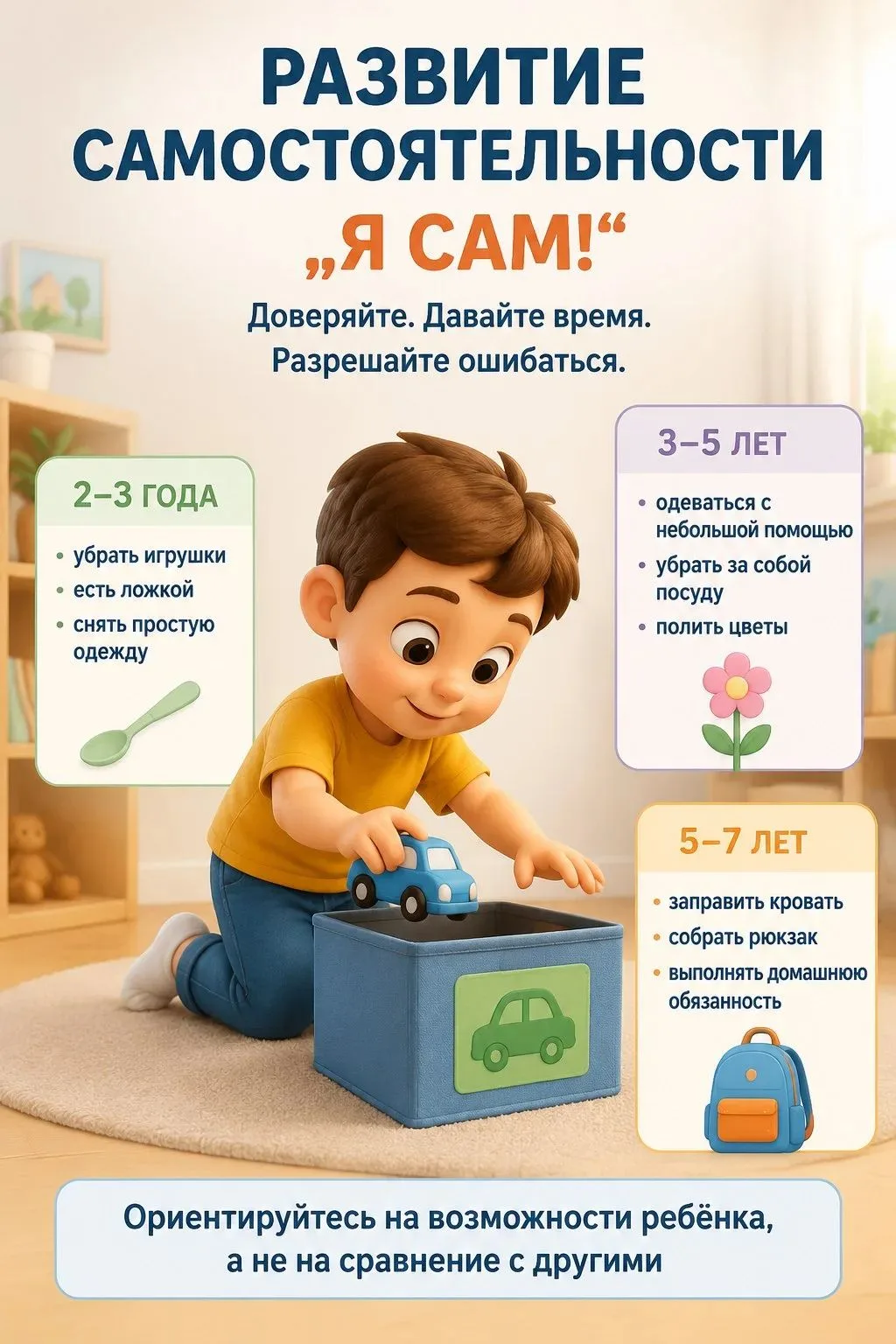 ▎Развитие самостоятельности: что ребёнок может делать сам и как ему не мешать

«Я сам!» — важная фра