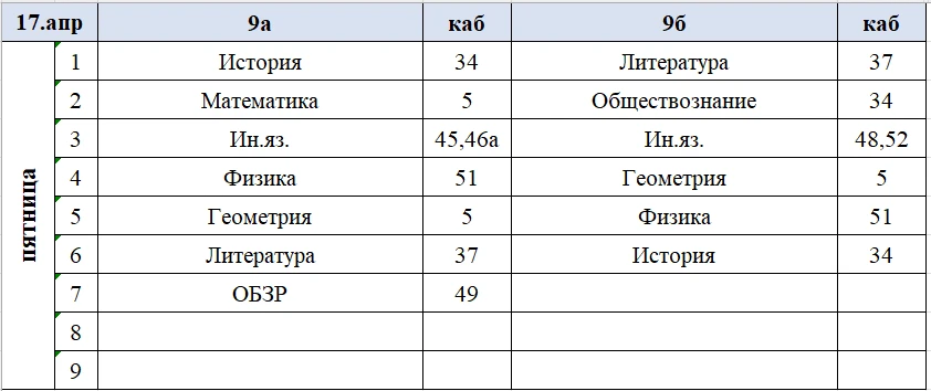 Изменения в расписании на пятницу, 17 апреля.  Расписание на 7б,7г,7д и 9г будет позже.