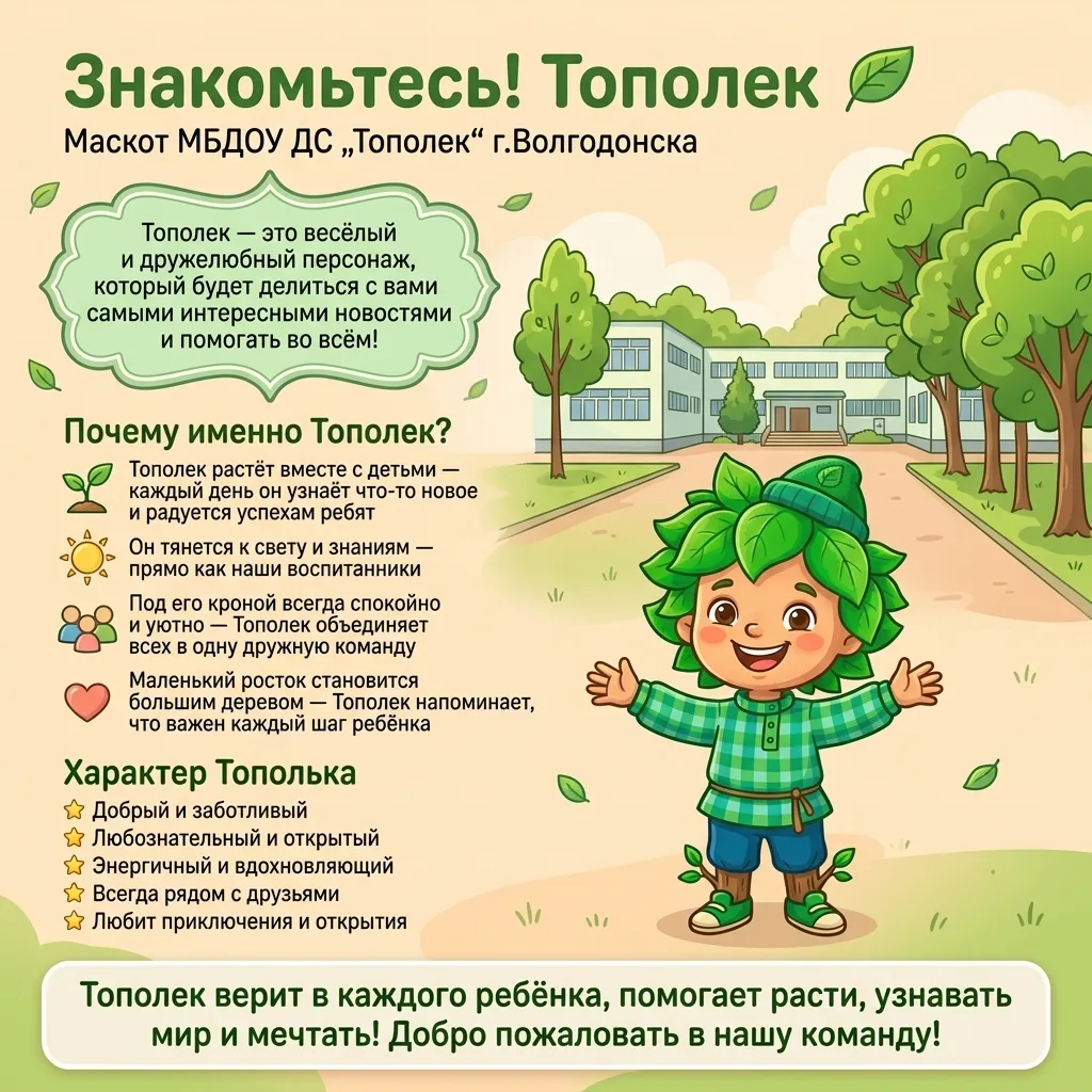 У нашего МБДОУ ДС «Тополек» г.Волгодонска появился маскот — Тополек. Он будет сопровождать ребят, по