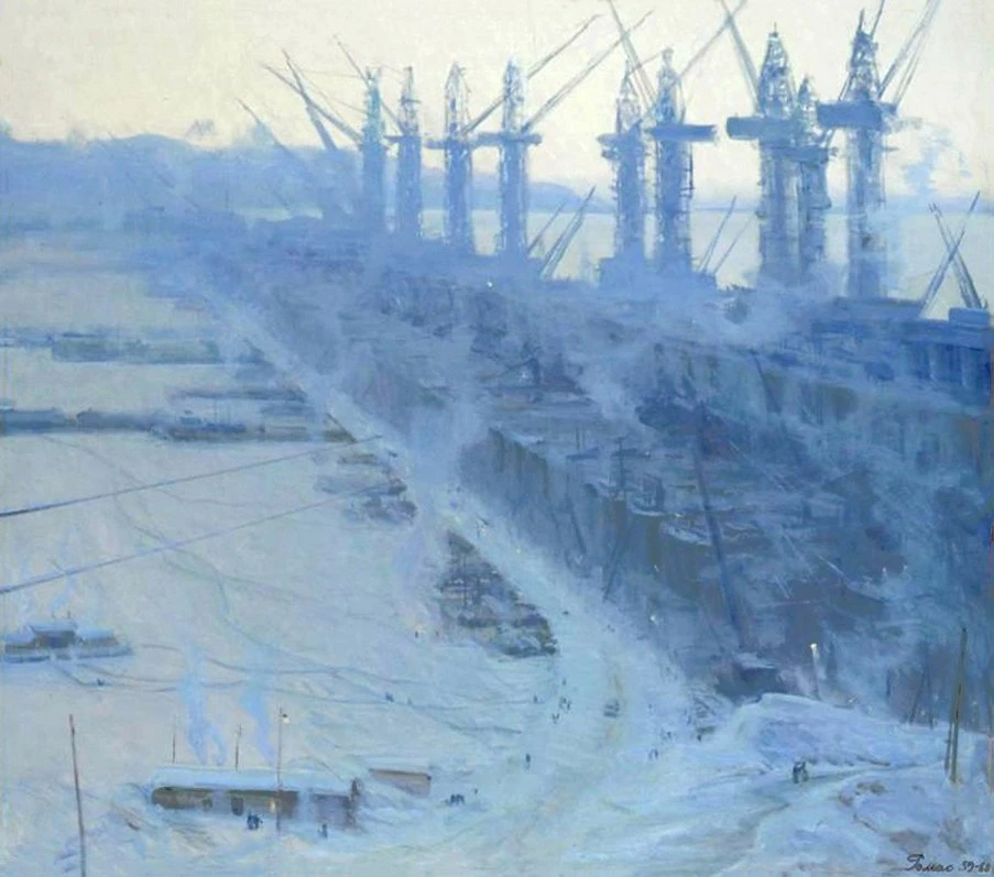 Я.Д. Ромас (1902-1969) "Утро стройки", 1959-1960, холст, масло 128 х 145