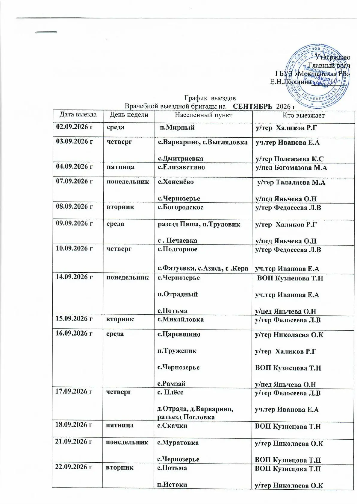 🚑Мокшанская районная больница знакомит население с расписанием выездов наших мобильных...