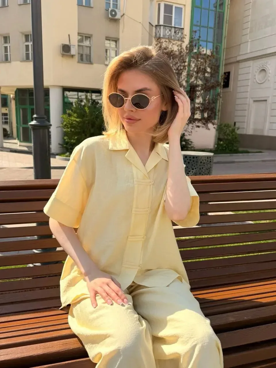 SUMMER SALE ☀️ Хит сезона 🔥 

Летний костюм от PLEASE в азиатском стиле в цвете butter yellow 💛

М