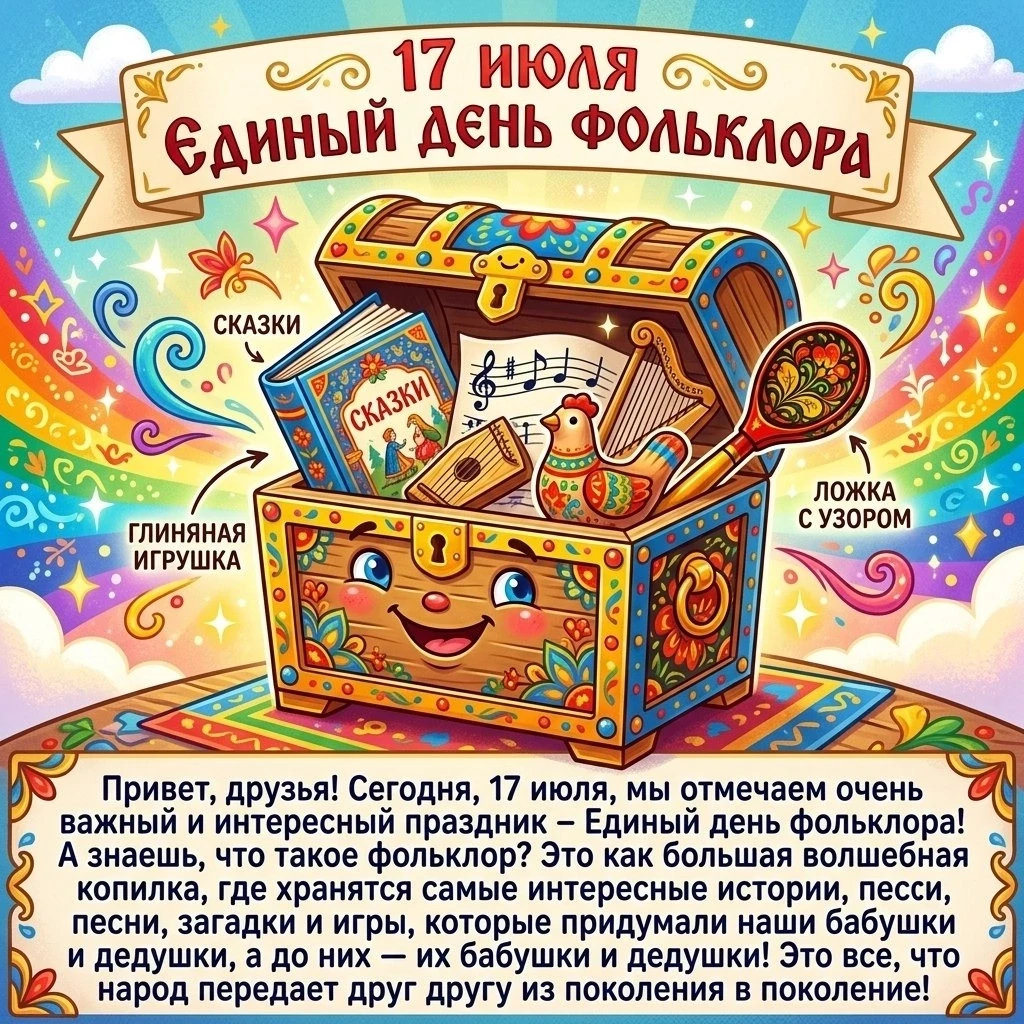 Рубрика: Народный календарь
✨️17 июля Единый день фольклора ✨️

Дорогие родители и друзья!

✨️Сегодн