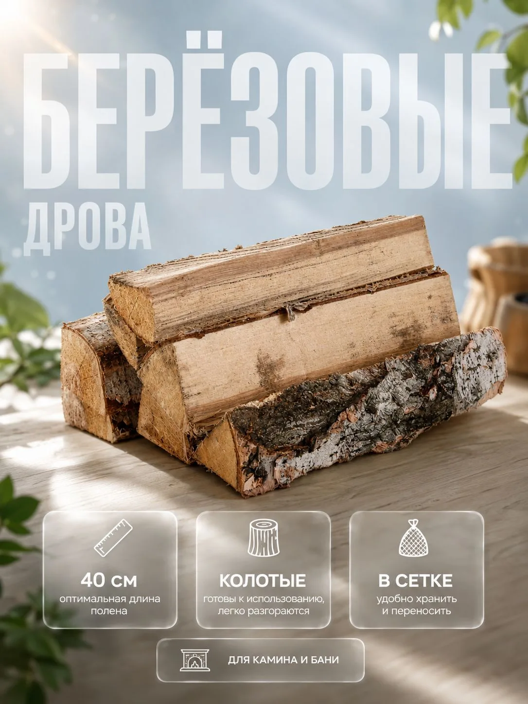 🔥 Березовые колотые дрова 40 см в сетке