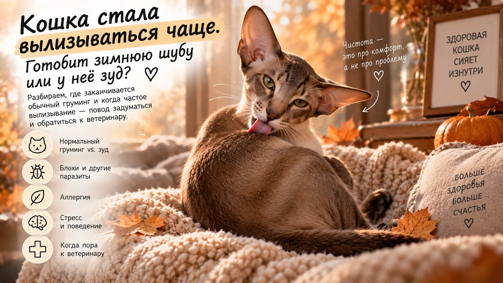 Кошка стала вылизываться чаще. Готовит зимнюю шубу или у неё зуд? 🐈🍂