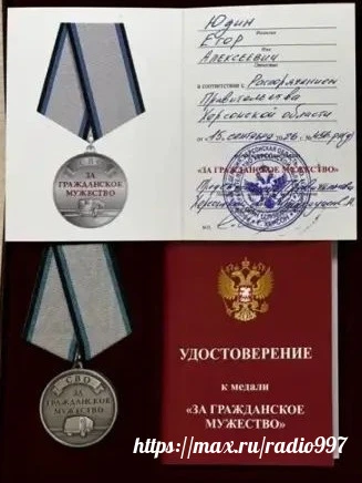 Высокая оценка труда: Егор Юдин награжден медалью «За гражданское мужество»