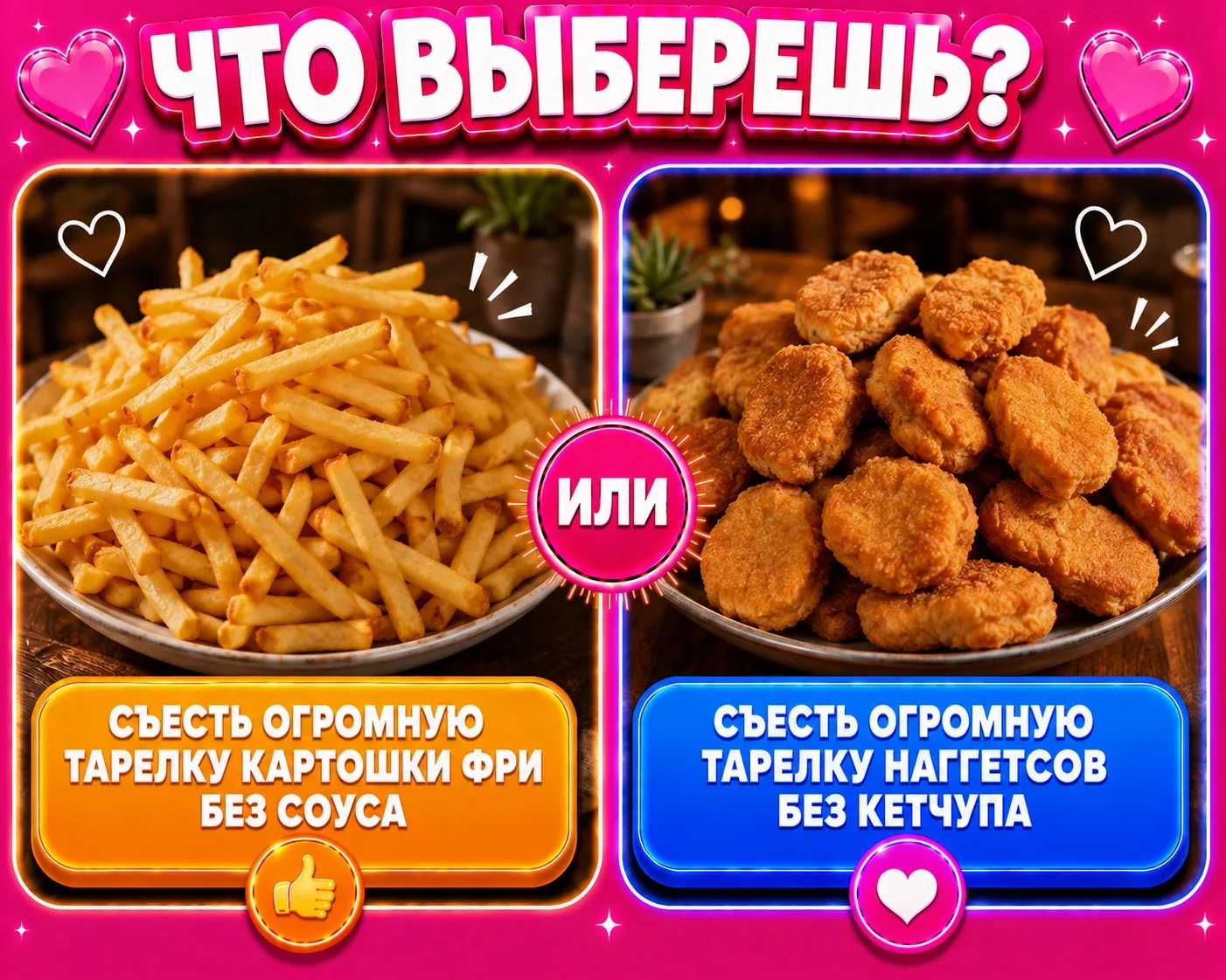 Съесть огромную тарелку картошки фри без соуса или съесть огромную тарелку наггетсов бе...