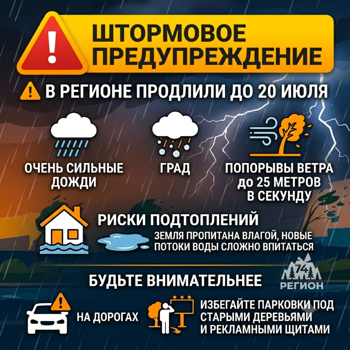 ⚠ В регионе продлили штормовое предупреждение до 20 июля