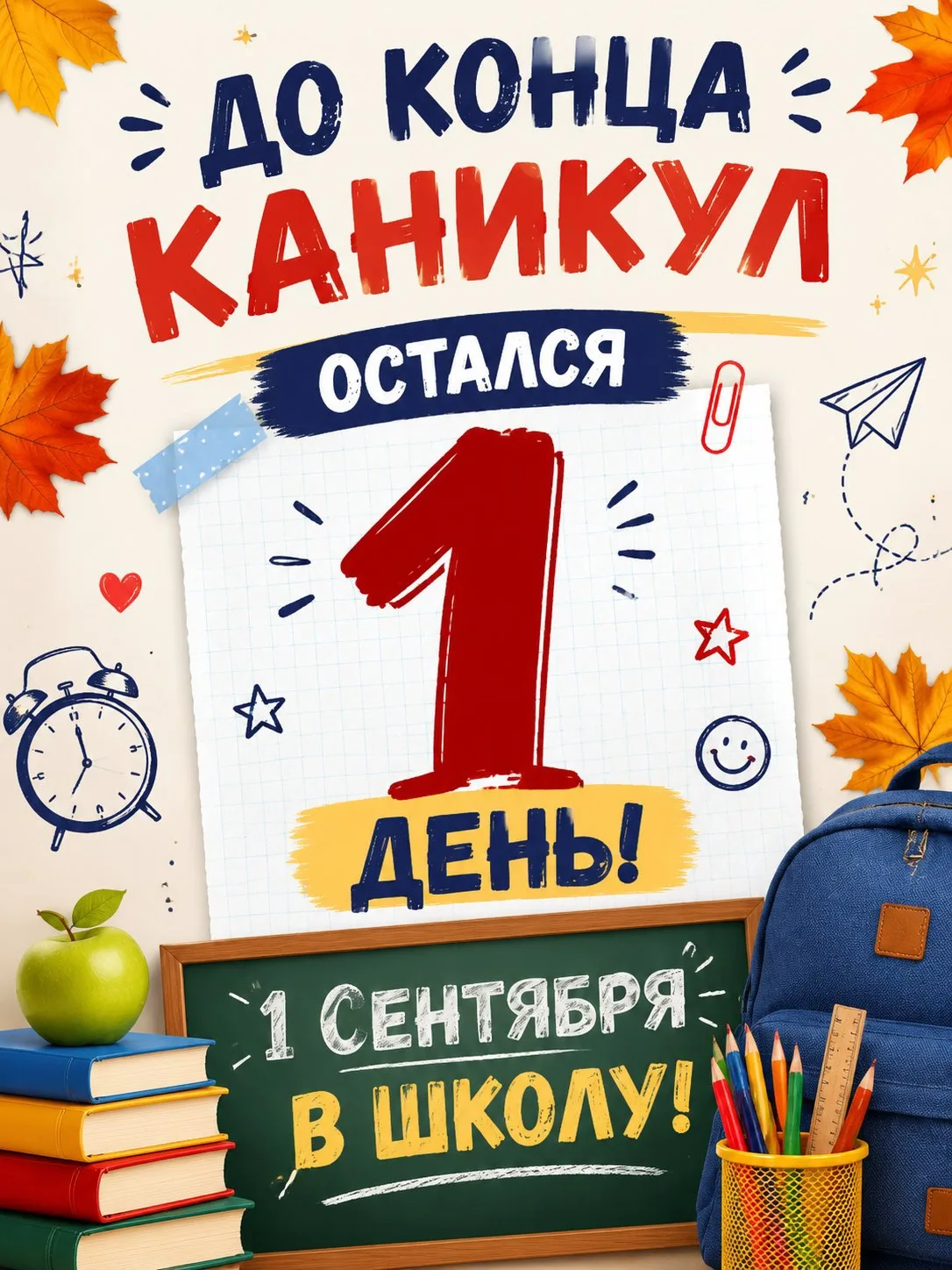 ⏰ ФИНАЛЬНЫЙ ОТСЧЁТ: ДО КОНЦА ЛЕТНИХ КАНИКУЛ ОСТАЛСЯ ВСЕГО 1 ДЕНЬ! ⏰