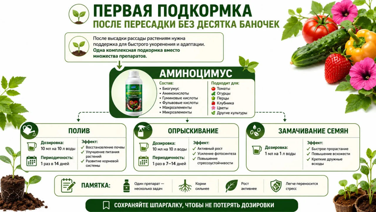 🌱 Первая подкормка после пересадки без десятка баночек

После высадки растениям важно быстрее укоре