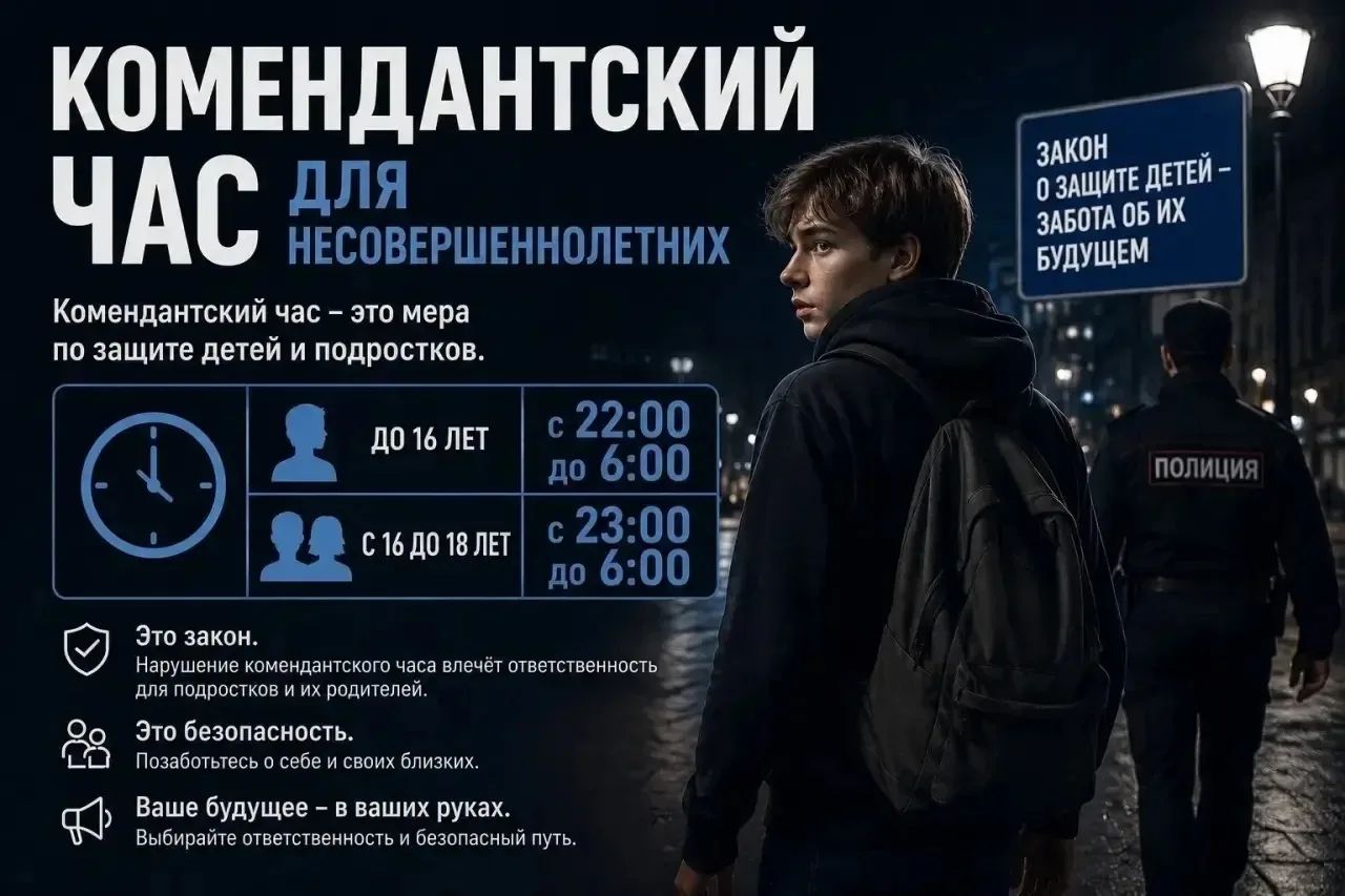 Напоминаем, что в Челябинской области действует комендантский час для несовершеннолетних.