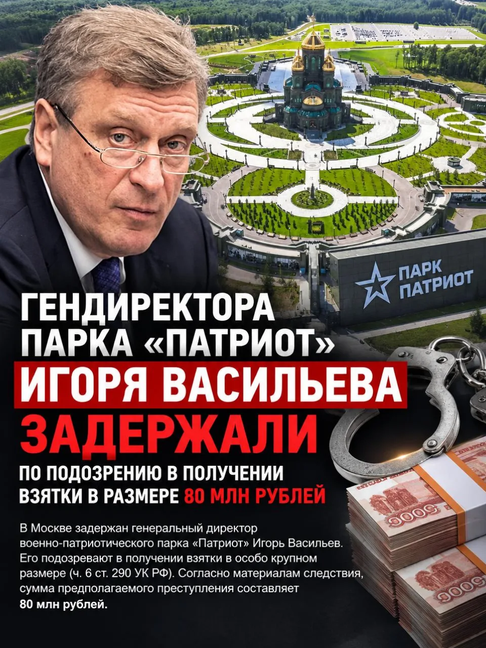 Глава парка «Патриот» Игорь Васильев задержан по делу о взятке в 80 млн рублей