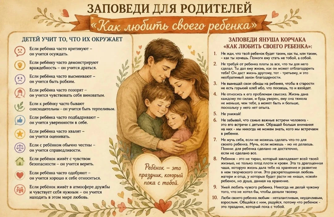 Заповеди для родителей.
«Как любить своего ребенка». 
Детей учит то, что их окружает. 
Если ребѐнка 