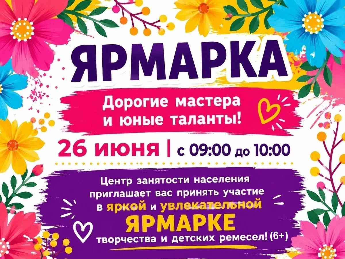 Жителей района приглашают
на ЯРМАРКУ ТВОРЧЕСТВА И ДЕТСКИХ РЕМЁСЕЛ (6+)
26 июня с 9:00 до 10:00 в Цен