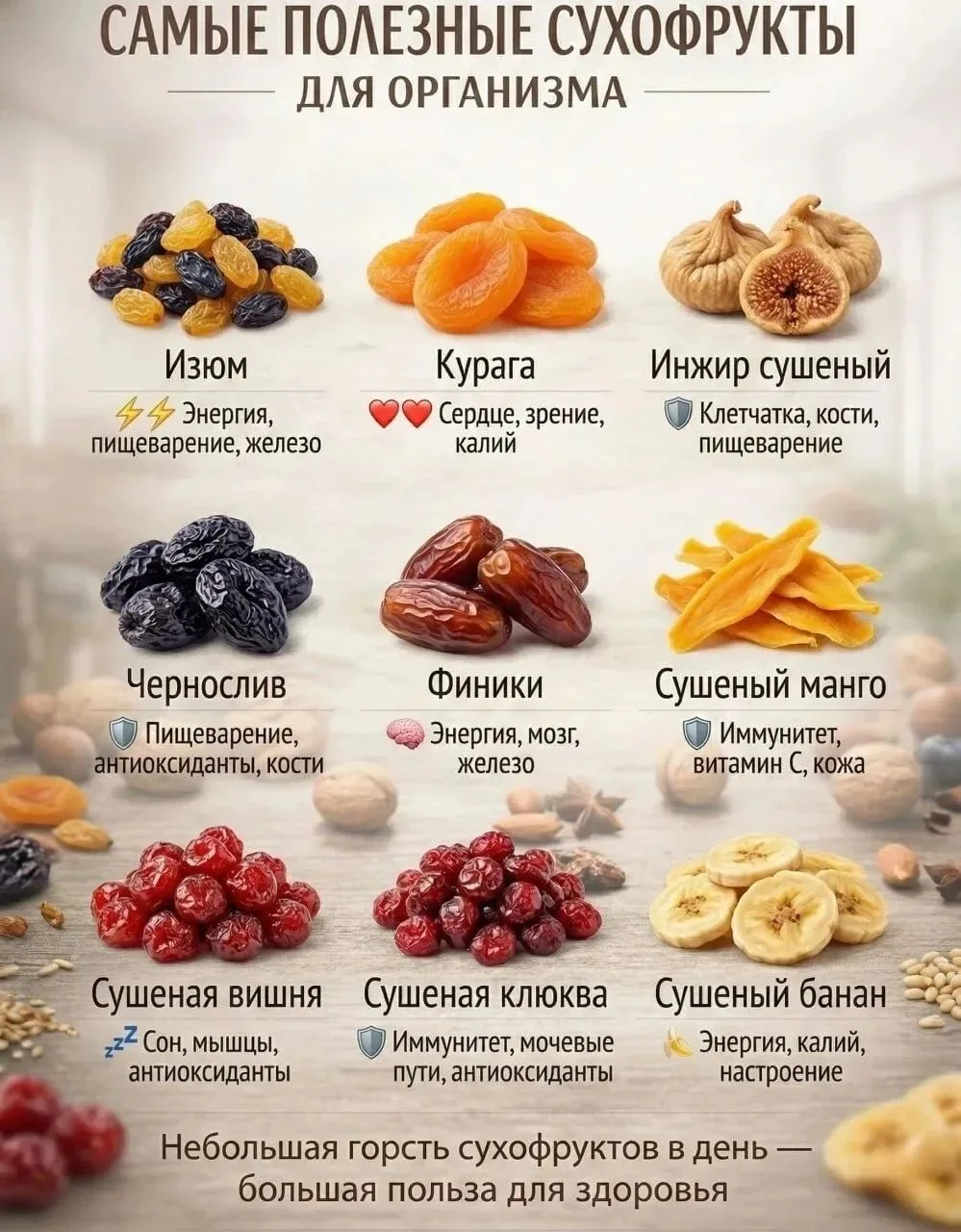 Сухофрукты — это концентрированный источник полезных веществ, клетчатки и натуральной э...