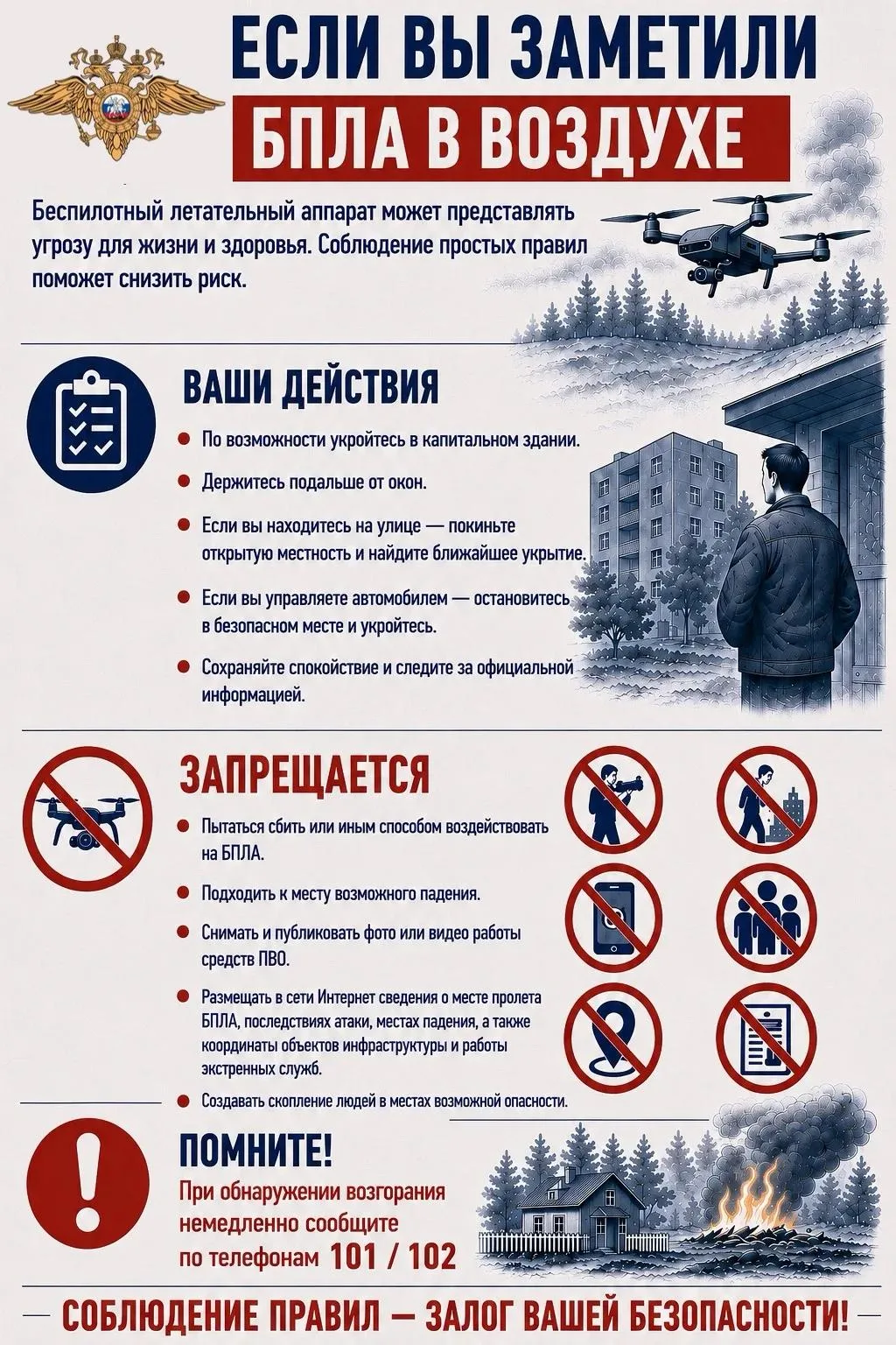 ⚡️ Что делать при пролёте БПЛА: рекомендации МВД России по ЛНР