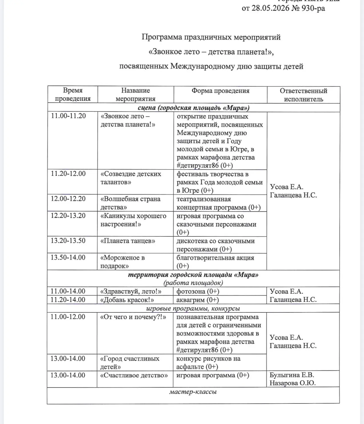 Программа праздничных мероприятий, посвященных Международному дню защиты детей