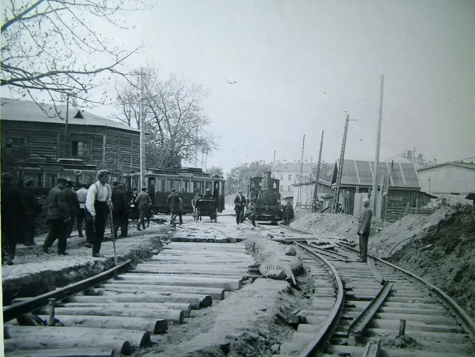 1932.Прокладка трамвайных путей. "Волкова деревня".Расстанный переулок.