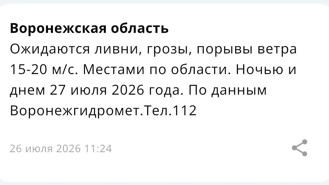 ⛈️ Штормовое предупреждение объявили в Воронежской области на 27 июля

Завтра нас ждут дожди с гроза