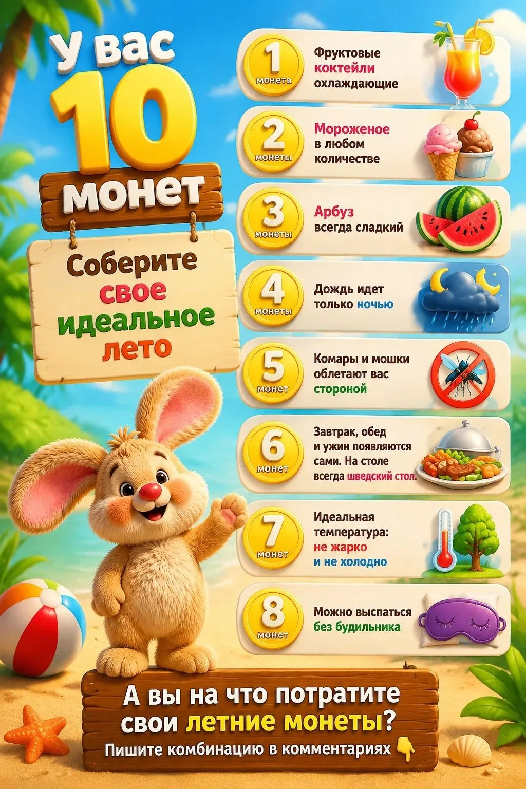 ️Собираем свое идеальное лето!
Дорогие друзья, а на что бы вы потратили свои 10 монет? 💰🥰