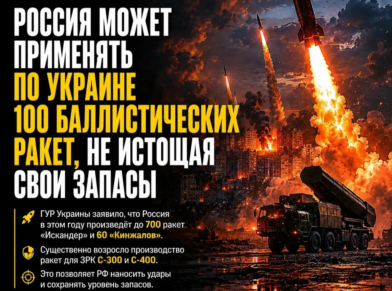 ⚡️ Россия способна использовать против Украины до 100 баллистических ракет, не истощая свои запасы.

