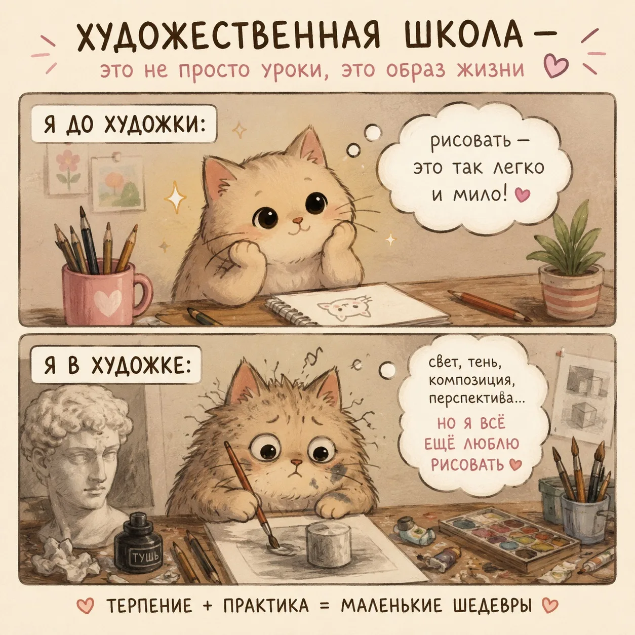 До художественной школы:
«Рисовать — это так легко и мило!» 🎨✨

В художественной школе:
свет, тень,