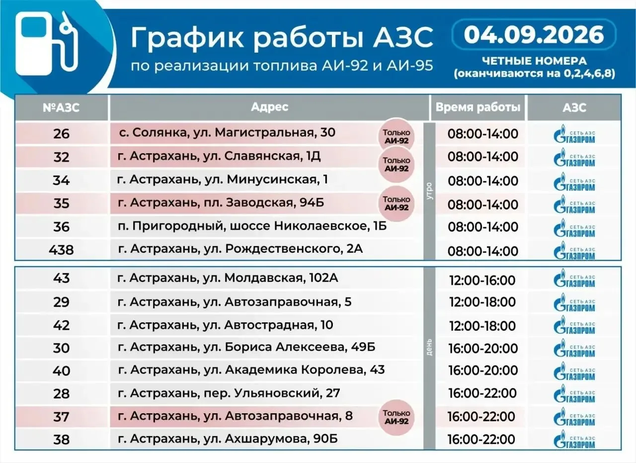 ❗️Актуальный график работы АЗС на 4 сентября.