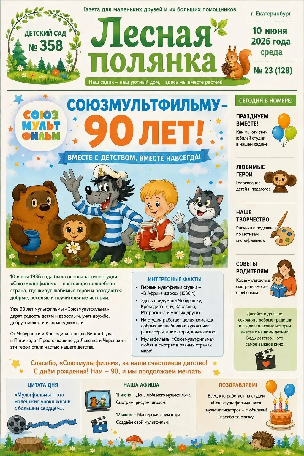 🎉С Днем рождения, «Союзмультфильм»!🎉
 
Дорогие ребята и уважаемые родители! 
 
Сегодня, 10 июня, м