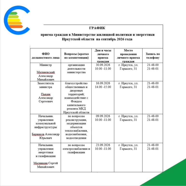 Министерство жилищной политики и энергетики Иркутской области опубликовало график личны...