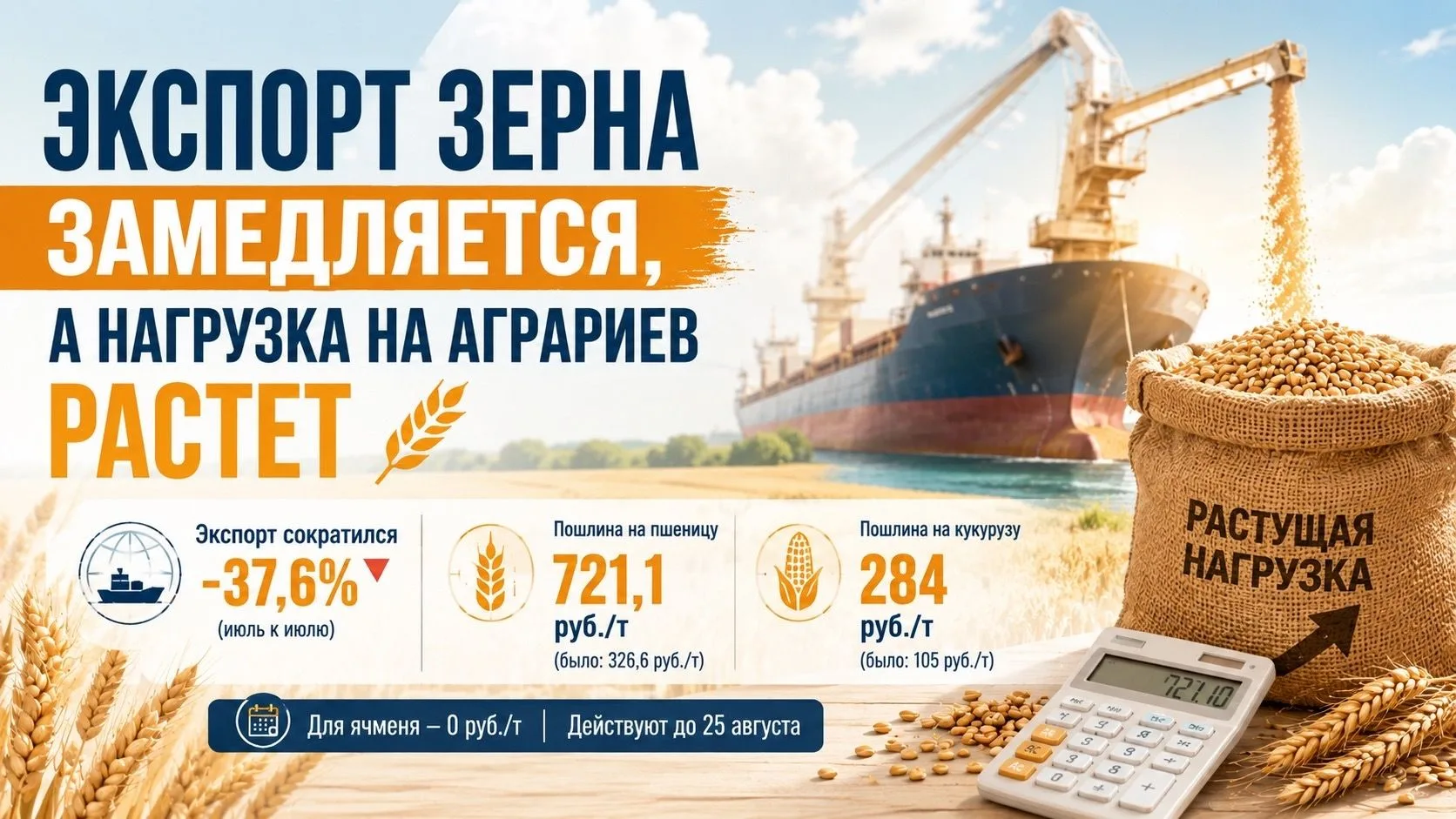 Экспорт зерна замедляется, а нагрузка на аграриев растет