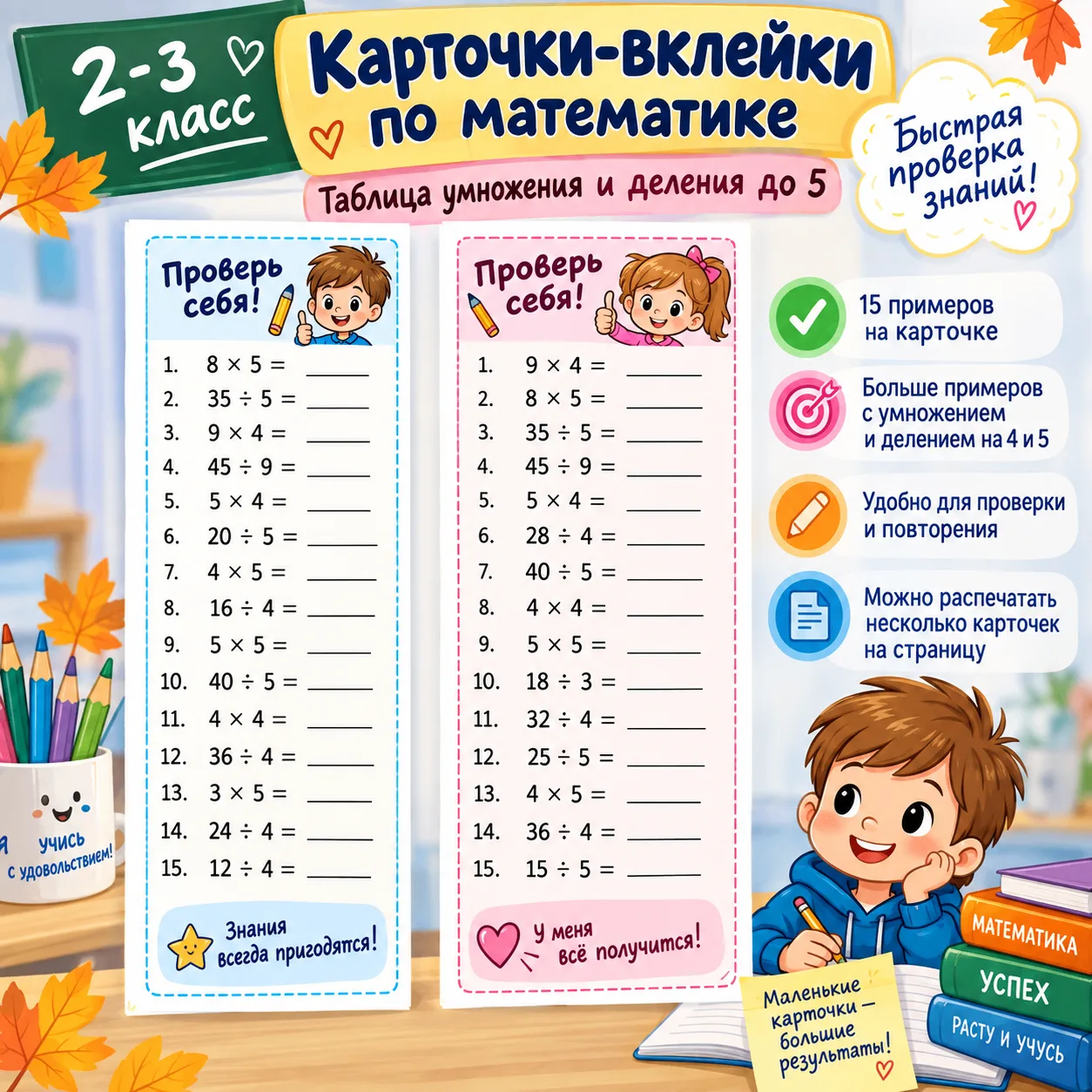 📌 Карточки-вклейки по математике для 2–3 класса