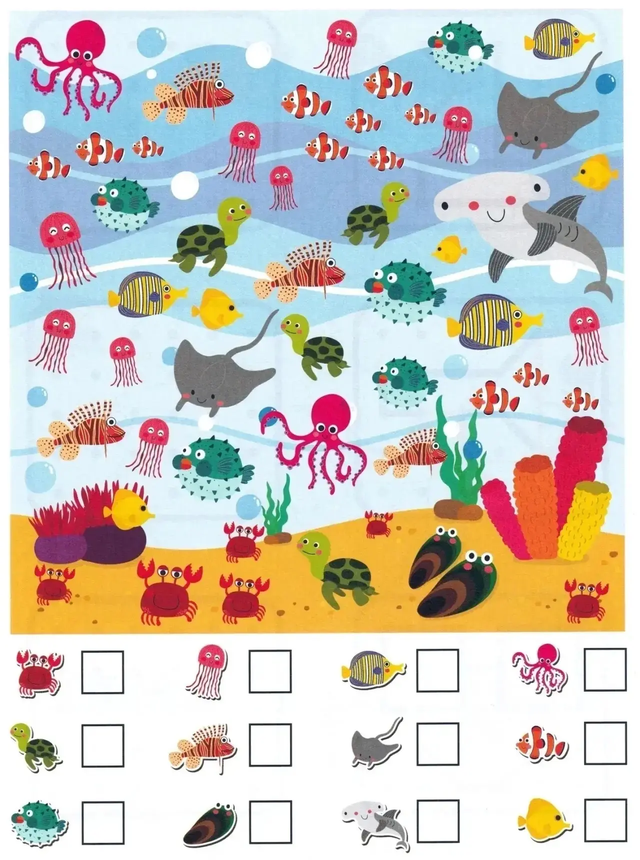 Сосчитайте всех подводных жителей 🐠🐙

На картинке изображены разные обитатели моря. Задание для де
