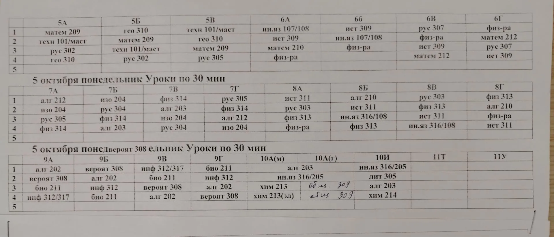 Расписание уроков на понедельник 05.10