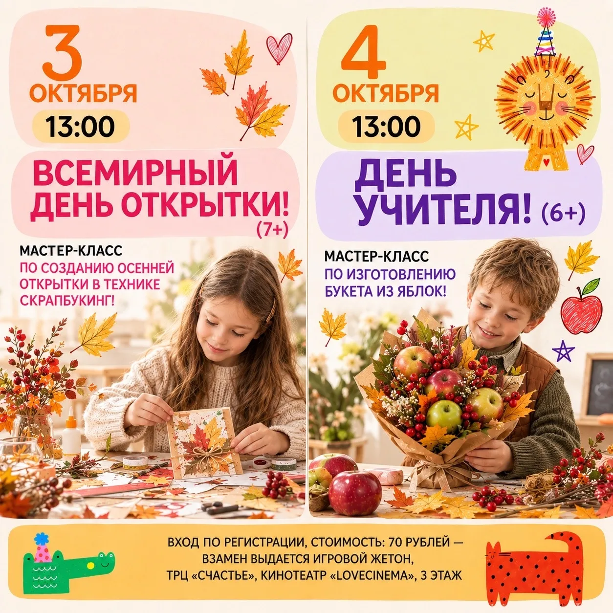🎨 Мастер-классы для детей 3 и 4 октября в ТРЦ «Счастье»