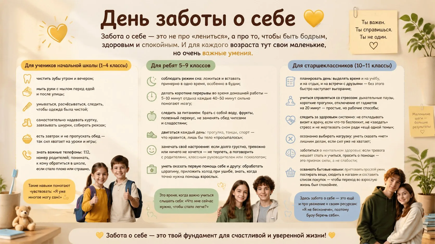 День заботы о себе 💛

Забота о себе — это не лень, а топливо для твоих достижений!
 🚀 Это умение с