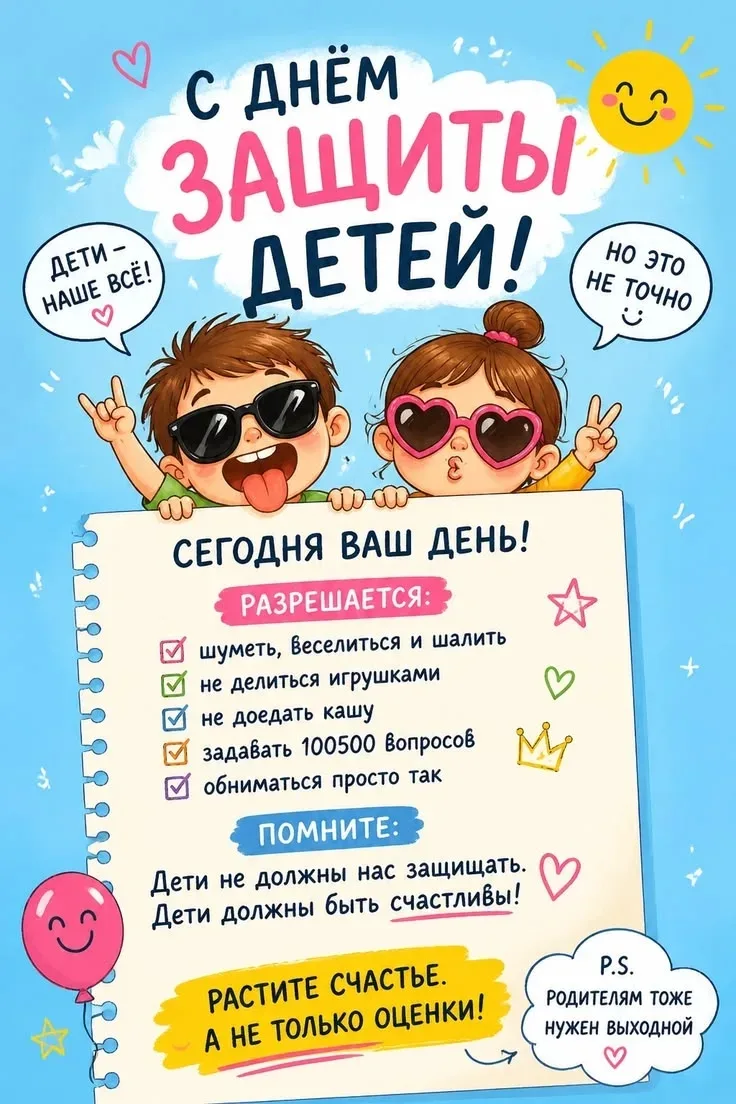 👫 1 июня — День защиты детей! 

В первый день лета весь мир отмечает Международный день защиты дете