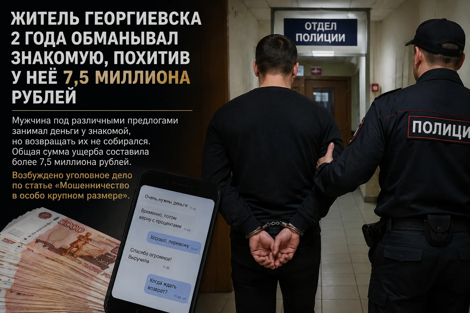Житель Георгиевска 2 года обманывал знакомую, похитив у неё 7,5 миллиона рублей