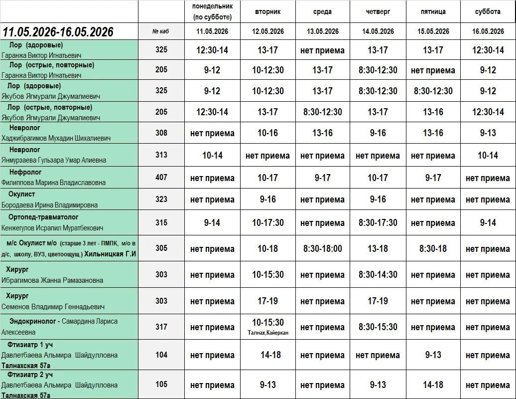 Предоставляем расписание специалистов детской поликлиники с 11.05.2026 г. по 16.05.2026 г. Напоминае