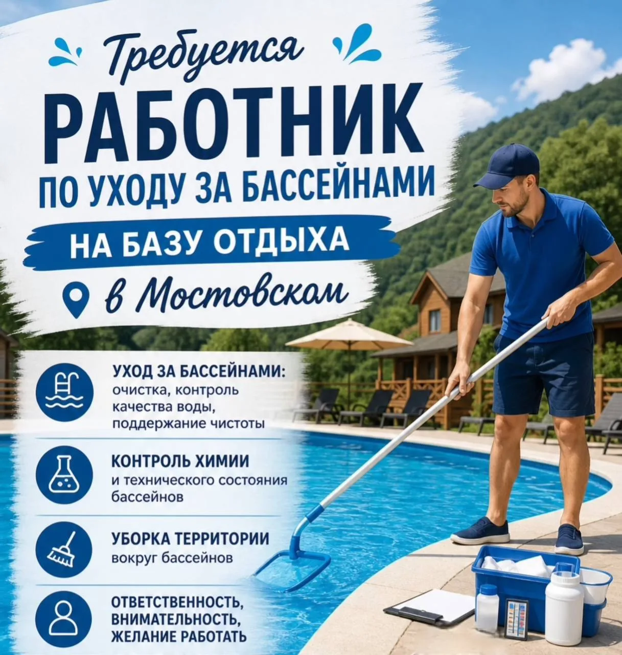 На постоянную работу на базу отдыха  в посёлке Мостовском требуется работник по уходу з...